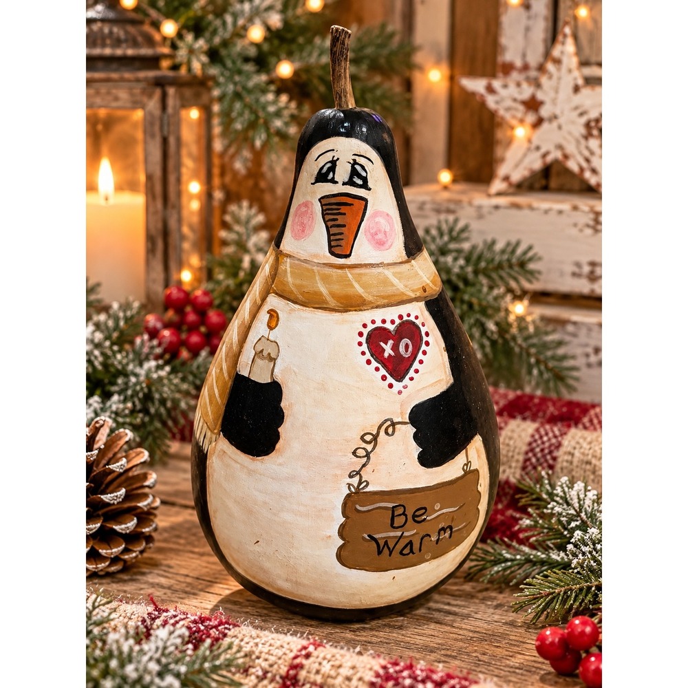 Hand Painted Penguin Gourd Figurine Be Warm Winter Folk Art Rustic Holiday Decor